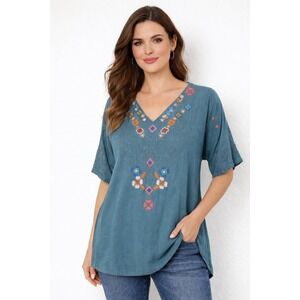 BIYA Johnny Was Embroidered Boho Tunic Dress XL Cotton Blue Festival Hippie